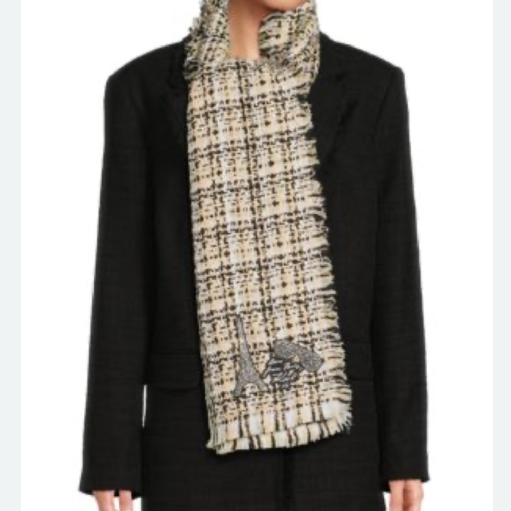 NWT Karl Lagerfeld Tweed Fringe Scarf in Beige/Taupe